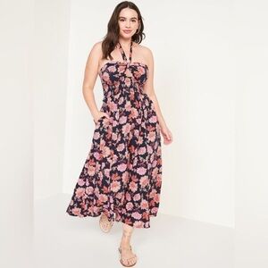 Old Navy Sleeveless Halter Navy Floral Smocked Maxi‎ Dress Lrg Cottage Bloomcore